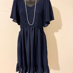 Blue Ruffled Smocked Midi Sundress with Flutter Sleeves